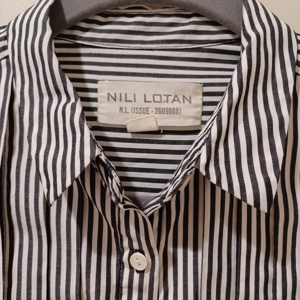 Nili Lotan 3/4 Sleeve Navy Blue Stripe Button Down Relaxed Boxy Fit Shirt XS - Picture 4 of 9